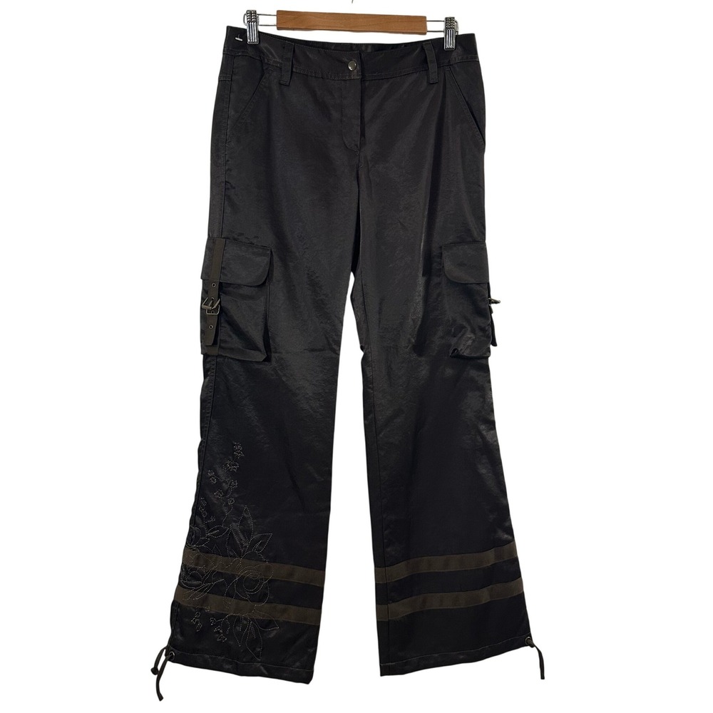 Express Womens Dark Brown Satin Cargo Pants Embroidered Wide Leg Y2K Size 6